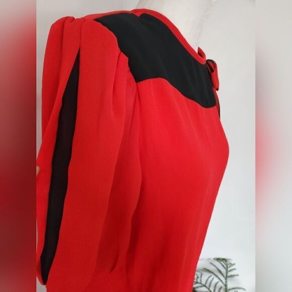 Red & Black 80s Vintage Joseph Ribkoft  Pleated Puff Sleeve Drop Waist Dress - Picture 5 of 7
